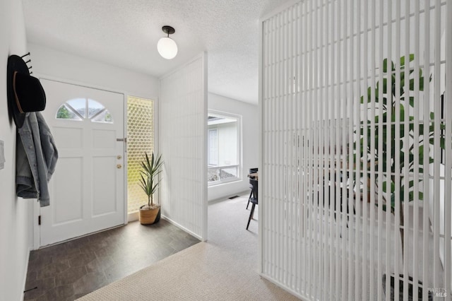 carpeted foyer featuring a textured ceiling