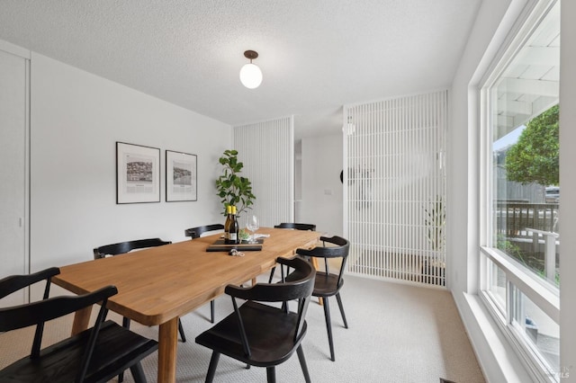 dining space with light colored carpet and a textured ceiling