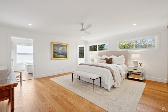 bedroom featuring recessed lighting, light wood-style flooring, and baseboards