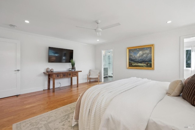 bedroom featuring a ceiling fan, recessed lighting, baseboards, and wood finished floors