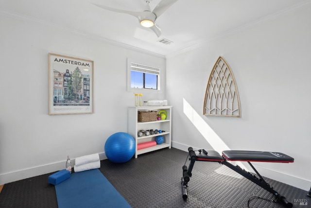 exercise room featuring ceiling fan, ornamental molding, visible vents, and baseboards