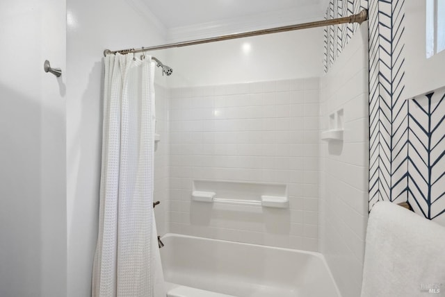 bathroom with curtained shower and crown molding