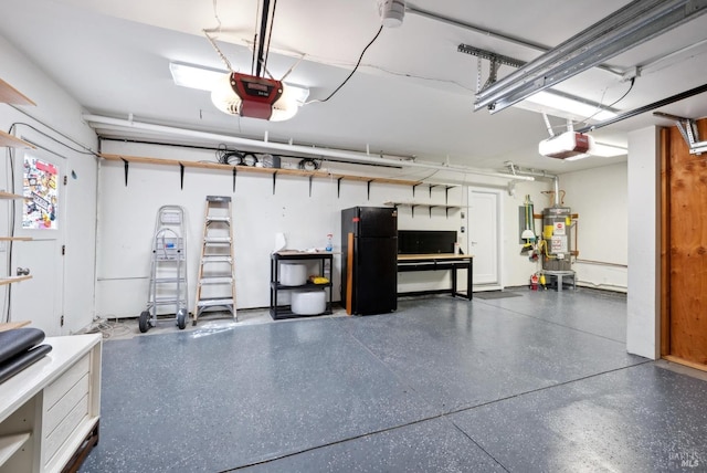 garage with a garage door opener and freestanding refrigerator