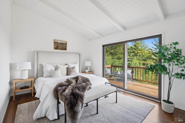 bedroom with vaulted ceiling with beams, wood finished floors, and access to exterior