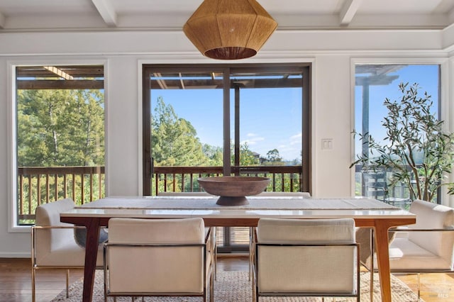 sunroom / solarium featuring beam ceiling