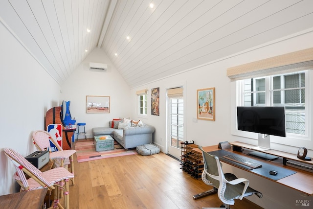 home office featuring lofted ceiling with beams, a wall mounted AC, hardwood / wood-style flooring, and recessed lighting