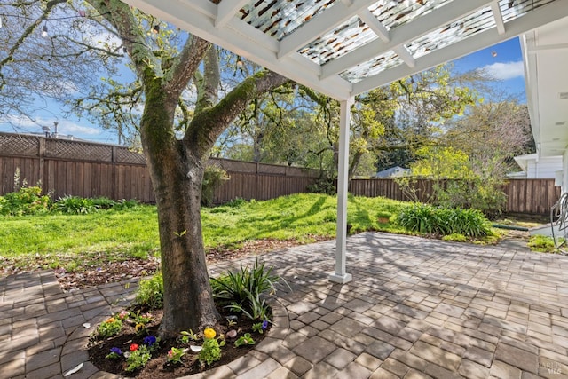 view of patio / terrace featuring a fenced backyard and a pergola