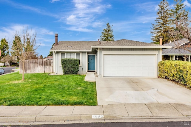 single story home featuring concrete driveway, board and batten siding, a front yard, fence, and a garage