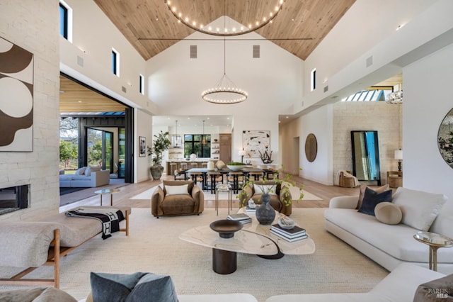 2350 Big Ranch Rd, Napa, CA 94558 - living room featuring wood ceiling, a chandelier, high vaulted ceiling, and a fireplace
