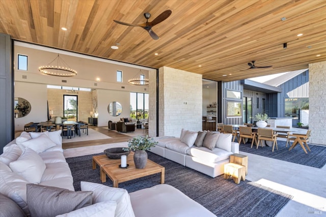 2350 Big Ranch Rd, Napa, CA 94558 - living room featuring ceiling fan, wood ceiling, a chandelier, a high ceiling, and recessed lighting