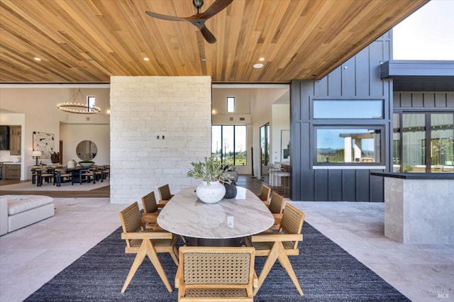 2350 Big Ranch Rd, Napa, CA 94558 - dining space with wooden ceiling, ceiling fan, recessed lighting, and a chandelier