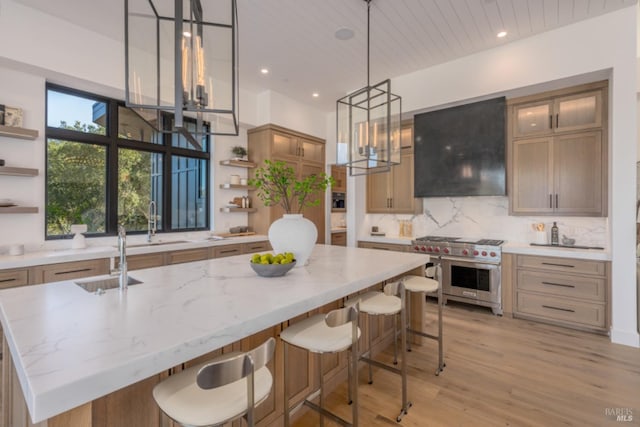 2350 Big Ranch Rd, Napa, CA 94558 - kitchen featuring open shelves, range with two ovens, a sink, range hood, and recessed lighting