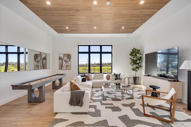 2350 Big Ranch Rd, Napa, CA 94558 - living room with wood ceiling, recessed lighting, wood finished floors, and baseboards