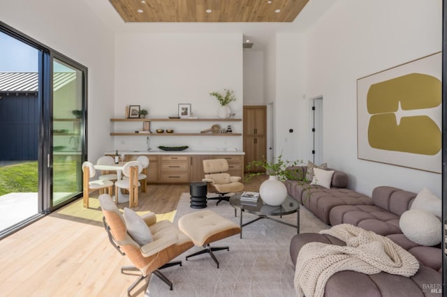 2350 Big Ranch Rd, Napa, CA 94558 - living area with wood ceiling, light wood-type flooring, recessed lighting, and a high ceiling