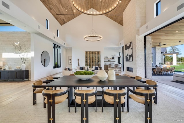 2350 Big Ranch Rd, Napa, CA 94558 - dining space featuring high vaulted ceiling, a chandelier, and wooden ceiling