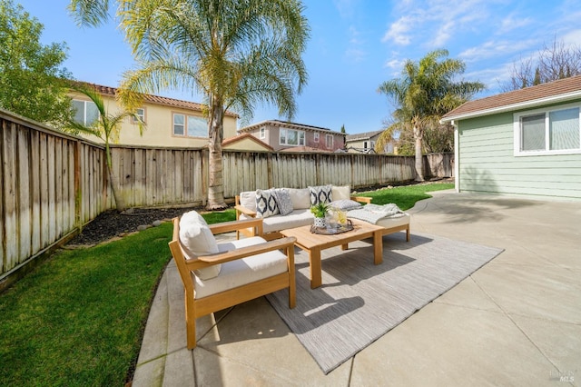 view of patio / terrace featuring outdoor lounge area and a fenced backyard