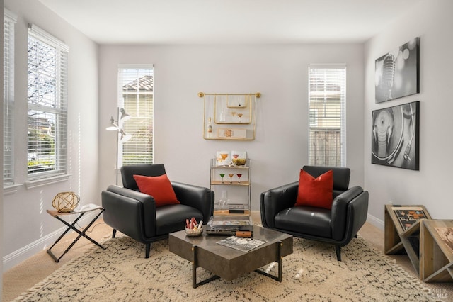 sitting room with carpet, plenty of natural light, and baseboards