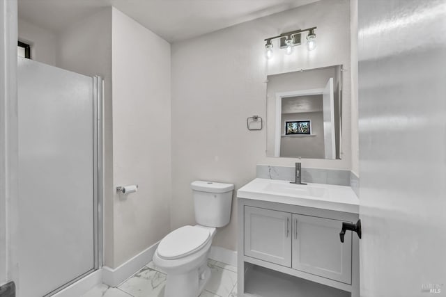 full bath with marble finish floor, toilet, a stall shower, vanity, and baseboards