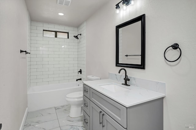 bathroom featuring toilet, vanity, visible vents, marble finish floor, and tub / shower combination