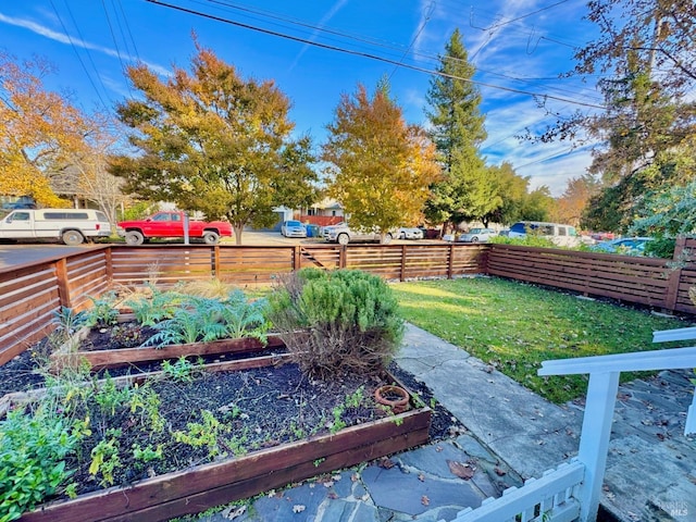 view of yard featuring a fenced backyard and a garden
