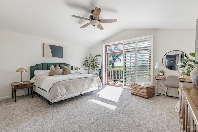 bedroom featuring access to exterior, carpet, ceiling fan, and lofted ceiling