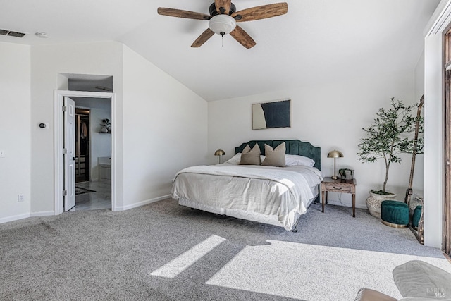 bedroom featuring lofted ceiling, carpet flooring, visible vents, and baseboards