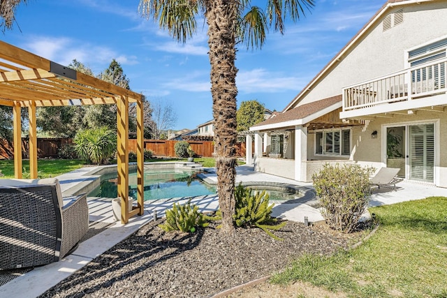 view of yard featuring a fenced in pool, a patio area, a fenced backyard, and a pergola