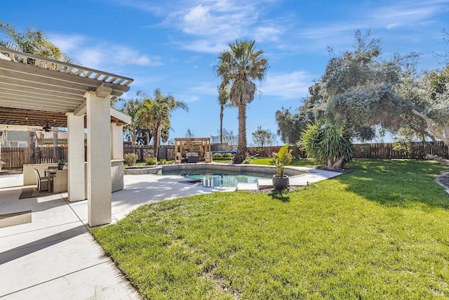 view of yard with a fenced backyard, a fenced in pool, and a patio