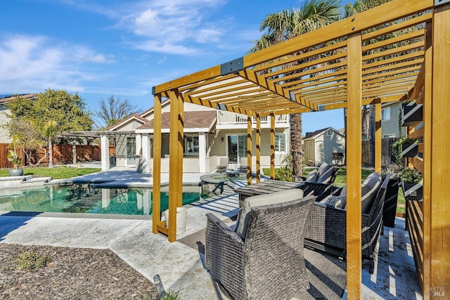 view of patio with an outbuilding, a fenced backyard, a fenced in pool, a pergola, and a storage unit