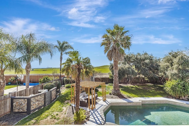 view of pool with a fenced in pool, a lawn, a fenced backyard, outdoor lounge area, and a pergola