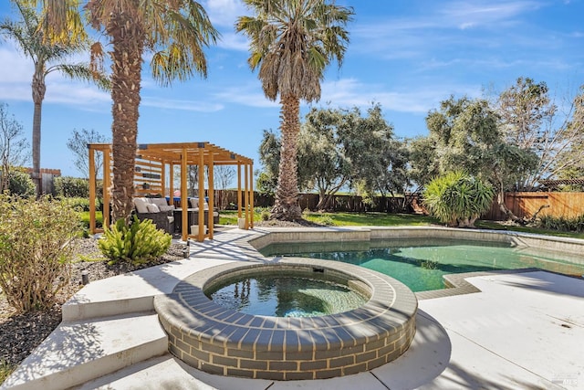 view of swimming pool with a patio area, a fenced backyard, and a pergola