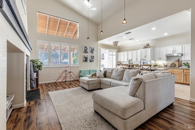 living room with visible vents, baseboards, dark wood-style flooring, high vaulted ceiling, and recessed lighting