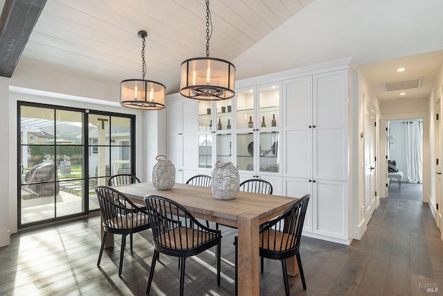 dining area featuring recessed lighting, wood ceiling, visible vents, vaulted ceiling, and dark wood-style floors