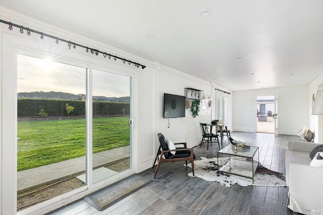 living area featuring wood tiled floor and baseboards