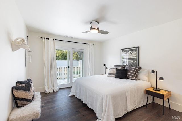 bedroom featuring access to exterior, baseboards, visible vents, and dark wood finished floors