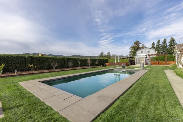 view of pool featuring a fenced in pool, a fenced backyard, a yard, and a pergola