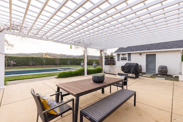 view of patio / terrace with a fenced in pool, a jacuzzi, grilling area, fence, and a pergola