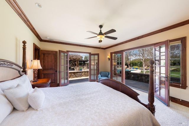 carpeted bedroom with ornamental molding, a ceiling fan, french doors, baseboards, and access to exterior