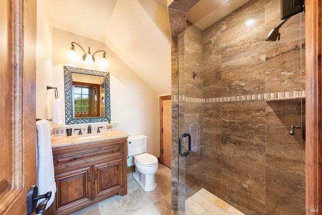 full bathroom with a stall shower, toilet, vanity, and lofted ceiling