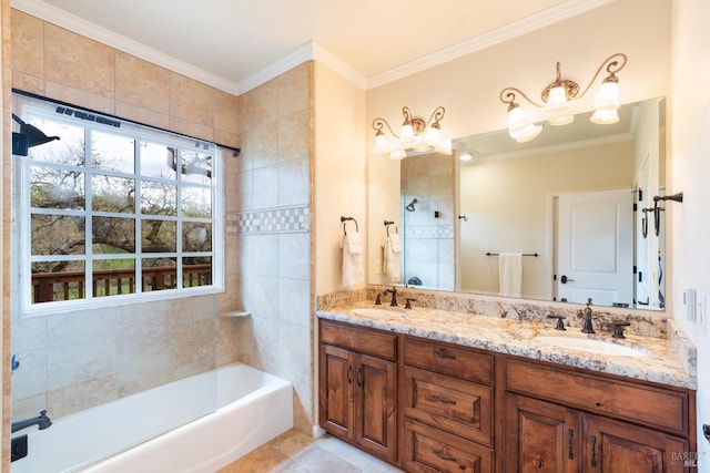 bathroom with double vanity, ornamental molding, and a sink