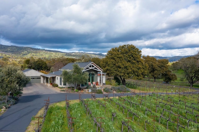 view of front facade with a mountain view, a rural view, and fence