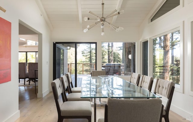 interior space featuring lofted ceiling with beams, a chandelier, wooden ceiling, baseboards, and light wood-style floors