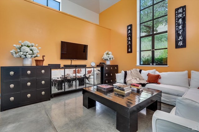 living area featuring finished concrete flooring