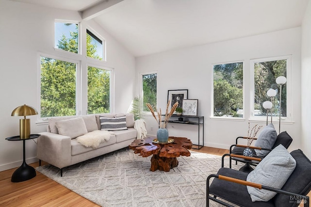 living area with vaulted ceiling with beams, baseboards, and wood finished floors