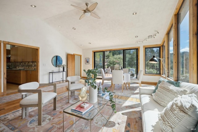 224 Arroyo Rd, Forest Knolls, CA 94933 - living area with high vaulted ceiling, wood finished floors, a ceiling fan, and recessed lighting