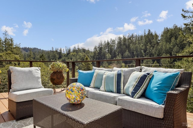 224 Arroyo Rd, Forest Knolls, CA 94933 - wooden deck featuring a forest view and an outdoor hangout area