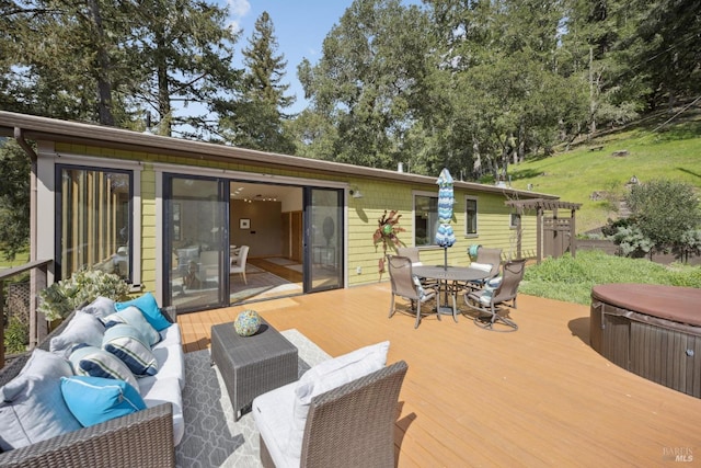 224 Arroyo Rd, Forest Knolls, CA 94933 - wooden deck with outdoor dining space, outdoor lounge area, and a hot tub
