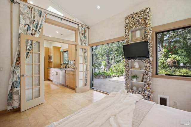224 Arroyo Rd, Forest Knolls, CA 94933 - bedroom featuring lofted ceiling, light tile patterned flooring, a sink, access to outside, and french doors