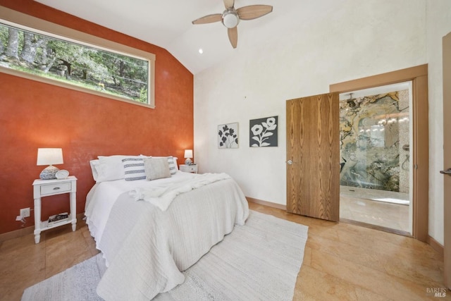 224 Arroyo Rd, Forest Knolls, CA 94933 - bedroom with high vaulted ceiling, baseboards, and a ceiling fan