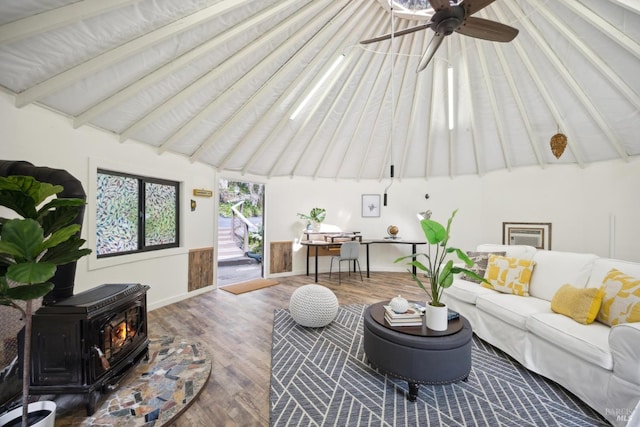 224 Arroyo Rd, Forest Knolls, CA 94933 - living room with a wood stove, vaulted ceiling with beams, a ceiling fan, and wood finished floors